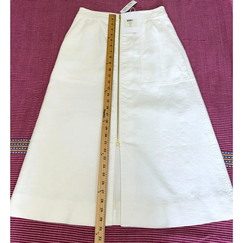 NWT Diane von Furstenberg Ivory Zip Front A-Line Midi Skirt Linen Cotton Sz 6